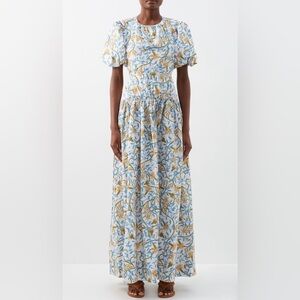 Agua by Agua Bendita Maxi Dress Cream and Blue Floral Puff Sleeve Cotton Size L